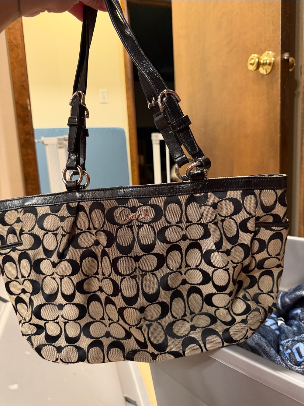 Coach Khaki and Black Signature Canvas Tote